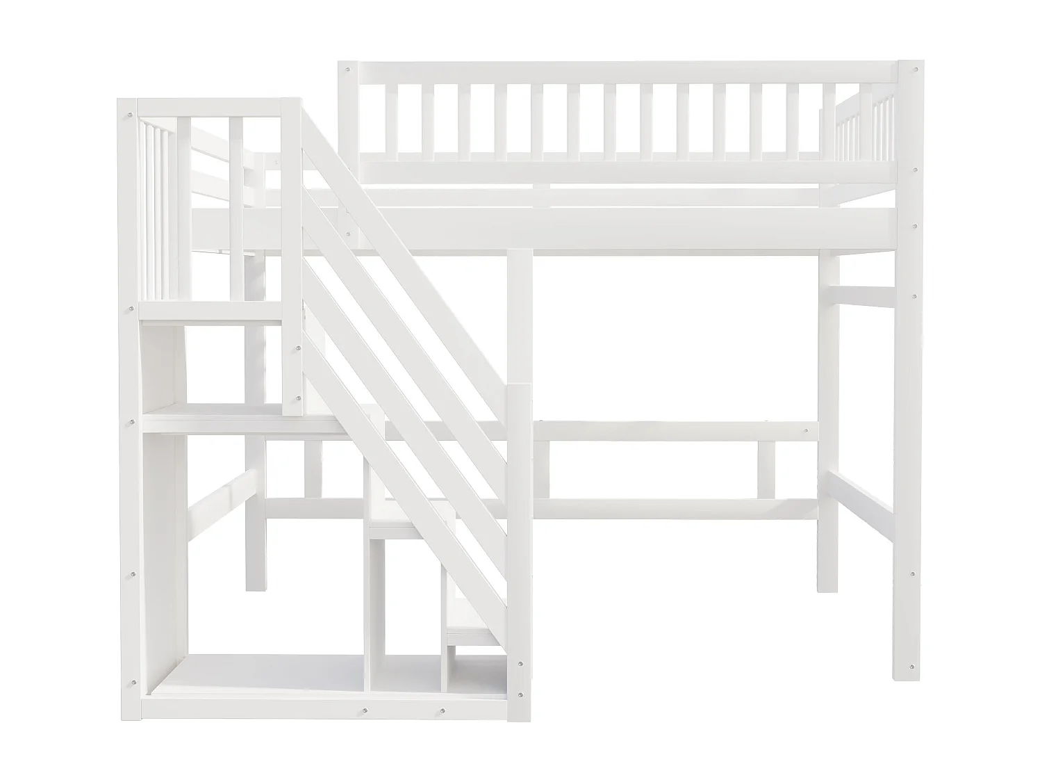 Lit en Bois Massif 140x200 avec Escalier de Rangement et Balustrade Haute, pour Enfant et Adolescent, MDF, Blanc (205x192x173 cm)