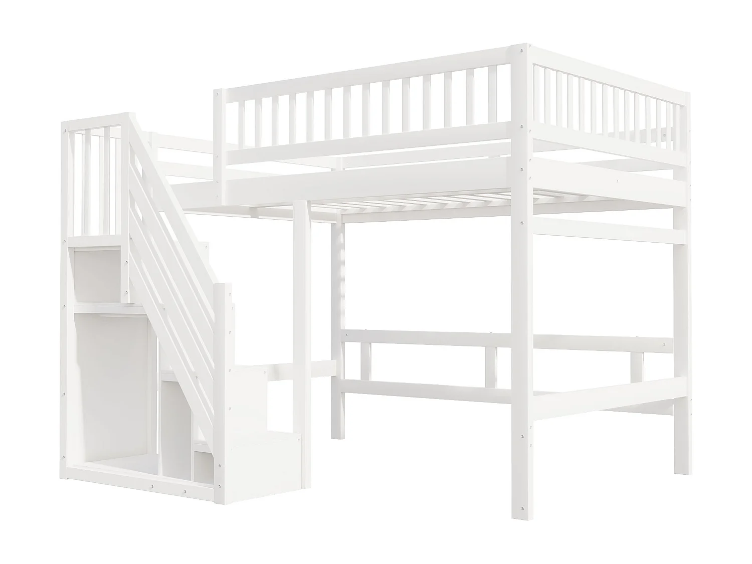 Lit en Bois Massif 140x200 avec Escalier de Rangement et Balustrade Haute, pour Enfant et Adolescent, MDF, Blanc (205x192x173 cm)