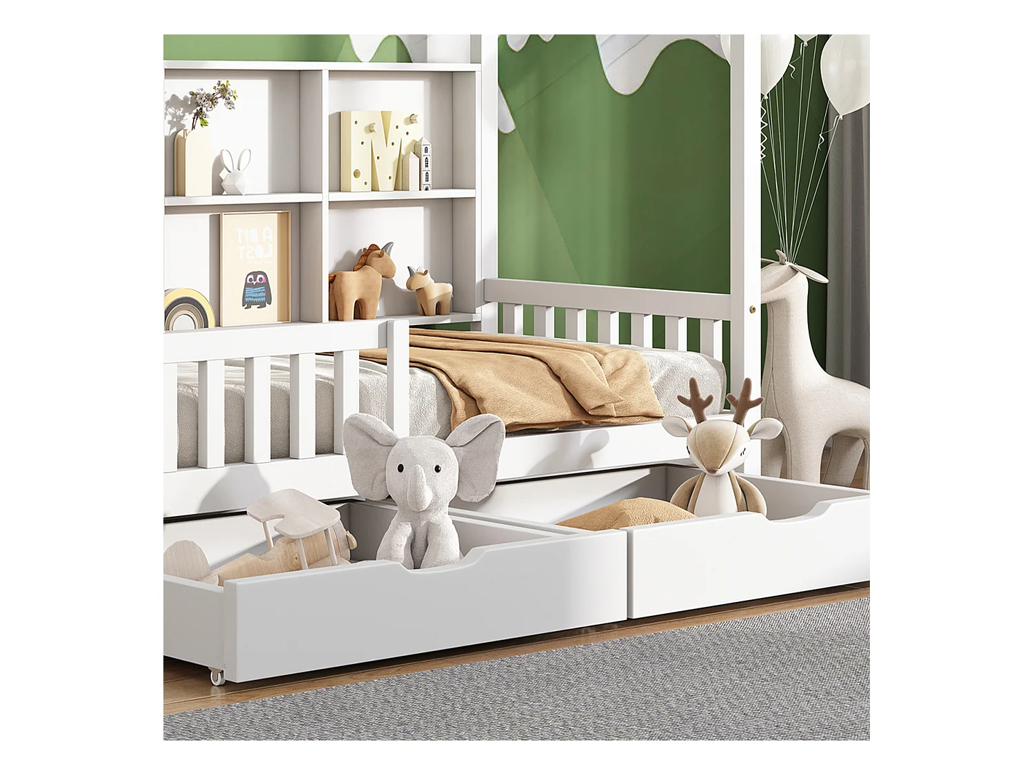 Kinderbedje met opbergplank, massief hout, wit, met 2 grote lades en huisvormig design (200x90x168,5 cm)