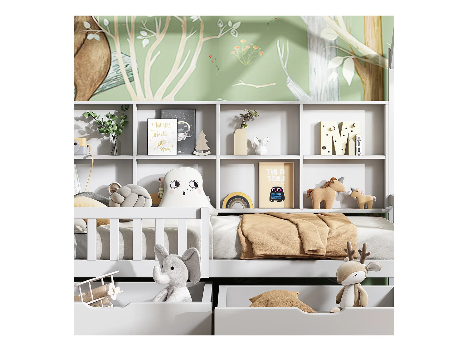 Kinderbedje met opbergplank, massief hout, wit, met 2 grote lades en huisvormig design (200x90x168,5 cm)