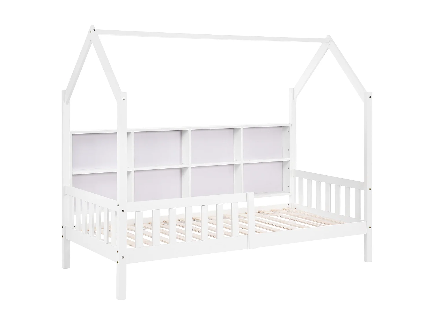 Kinderbedje met opbergplank, massief hout, wit, met 2 grote lades en huisvormig design (200x90x168,5 cm)