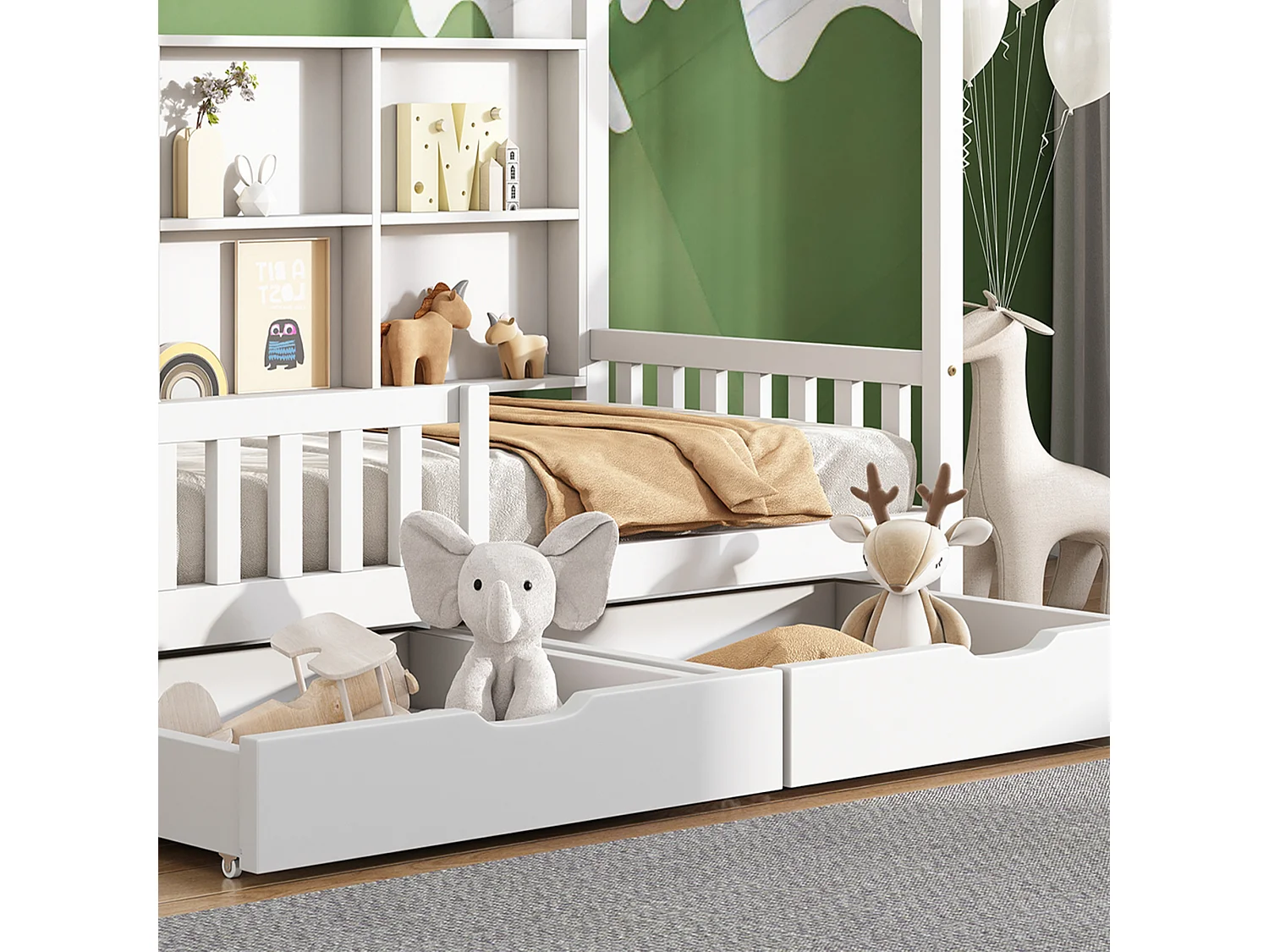 Kinderbedje met opbergplank, massief hout, wit, met 2 grote lades en huisvormig design (200x90x168,5 cm)