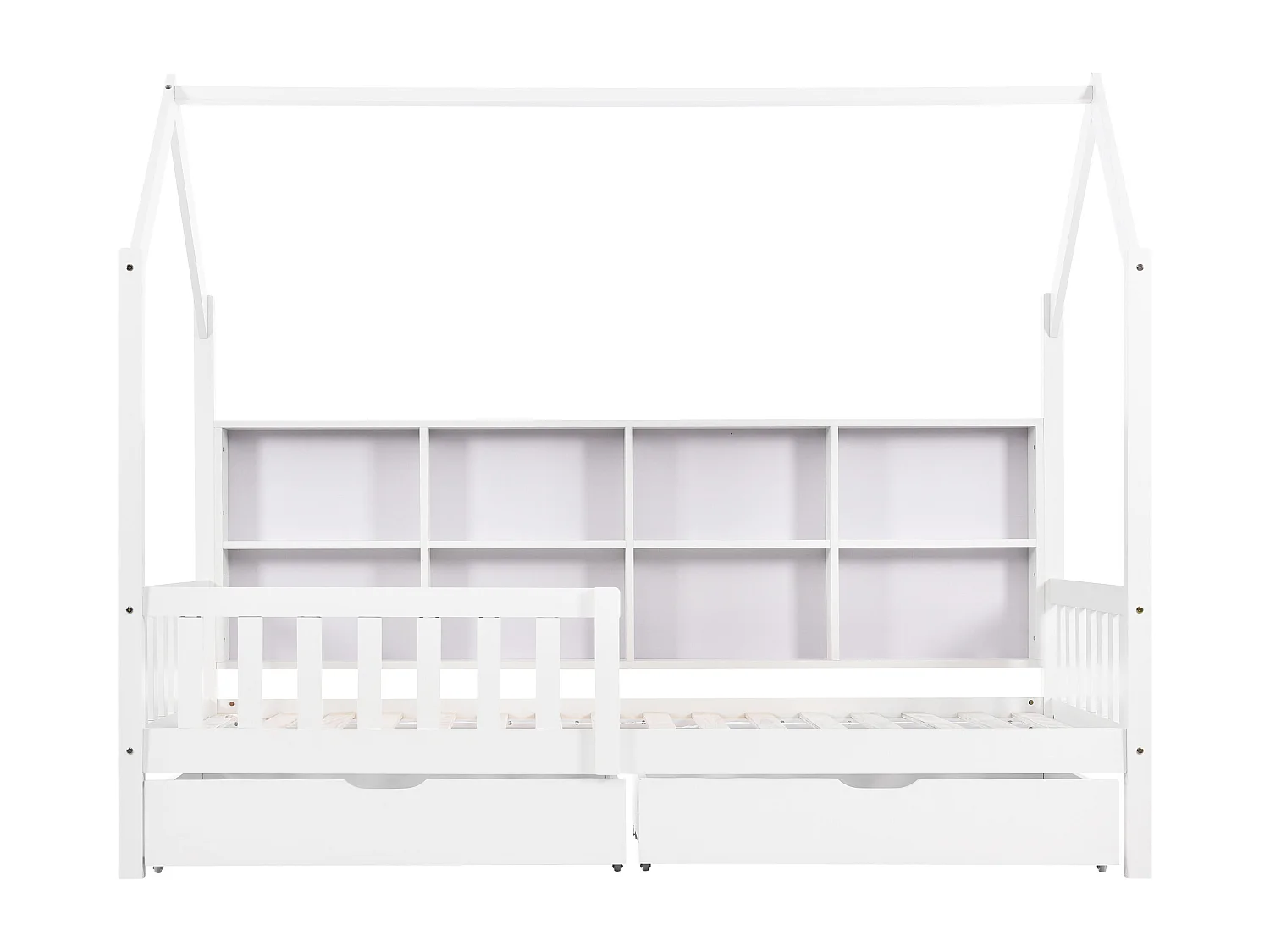 Kinderbedje met opbergplank, massief hout, wit, met 2 grote lades en huisvormig design (200x90x168,5 cm)