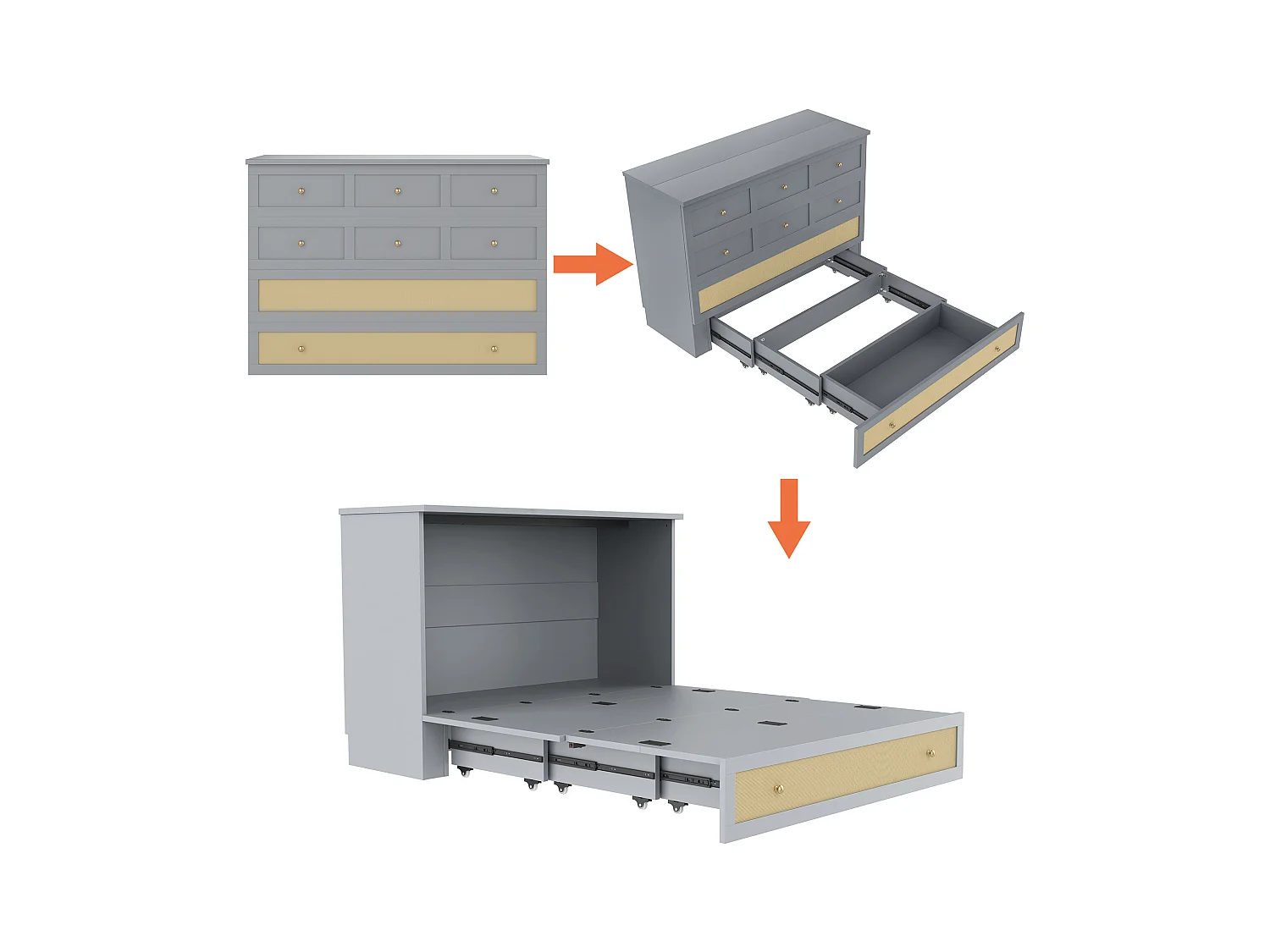 Murphy bed 140x200cm, met lades en planken, USB en stopcontact, omvormbaar tot platformbed, MDF, grijs (206x147,5x102 cm)
