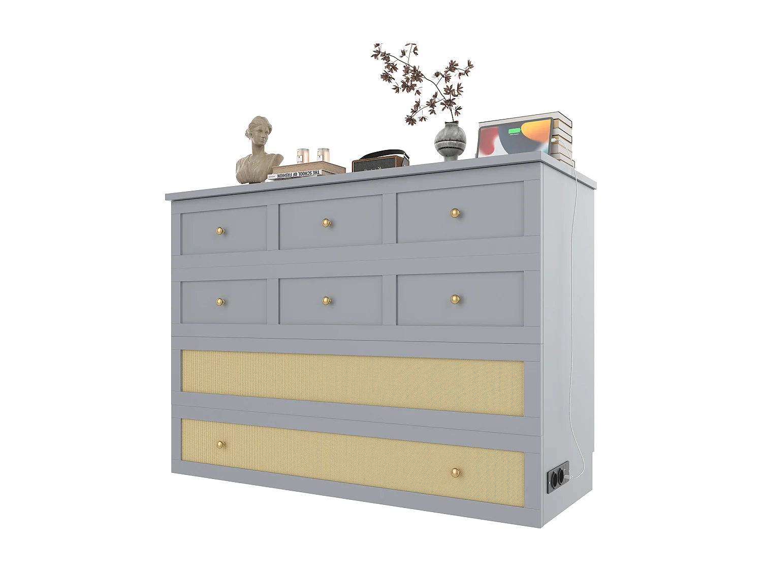 Lit escamotable 140x200cm, avec tiroirs et étagères, USB et prise, transformable en lit plateforme, MDF, gris (206x147.5x102 cm)