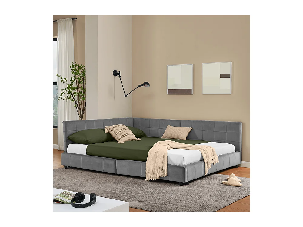 Tweepersoonsbed 160x200 cm, L-model met hoog hoofdeinde, zacht fluweel, eucalyptus en metalen frame, donkergrijs (160x200x70 cm)