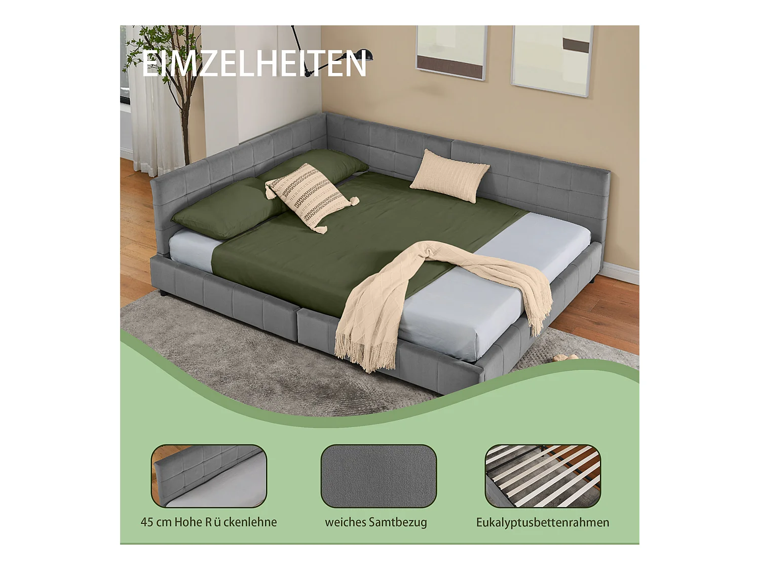 Tweepersoonsbed 160x200 cm, L-model met hoog hoofdeinde, zacht fluweel, eucalyptus en metalen frame, donkergrijs (160x200x70 cm)