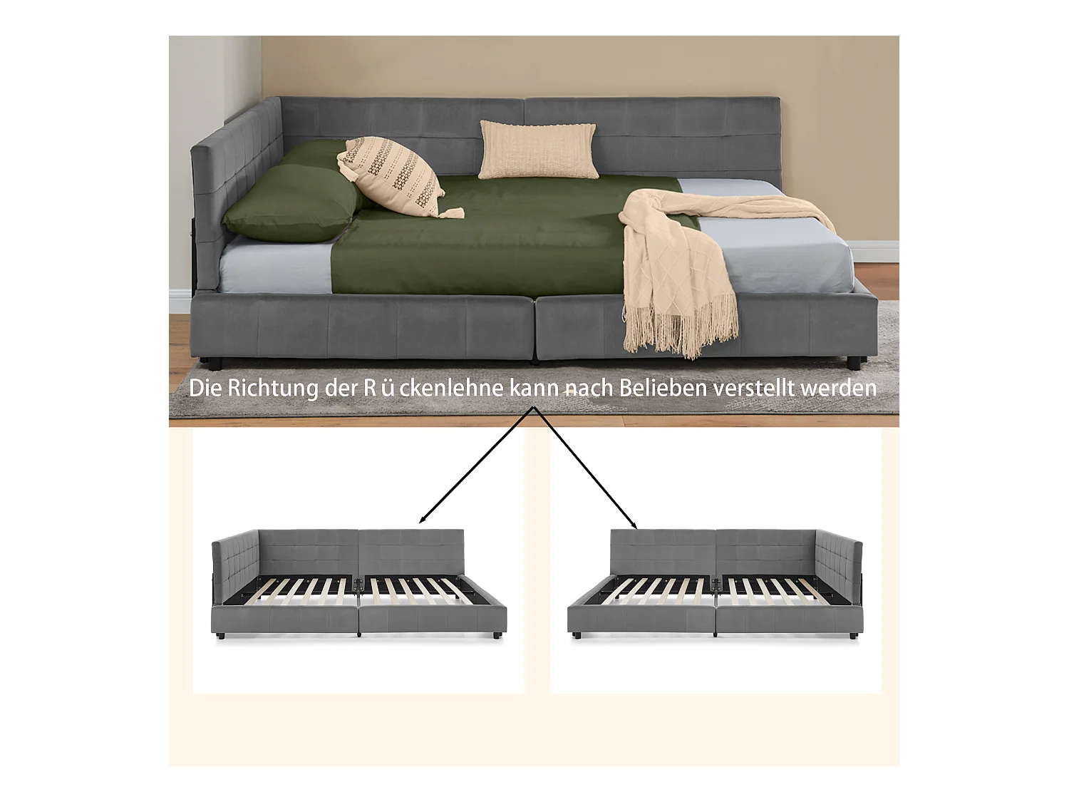 Tweepersoonsbed 160x200 cm, L-model met hoog hoofdeinde, zacht fluweel, eucalyptus en metalen frame, donkergrijs (160x200x70 cm)