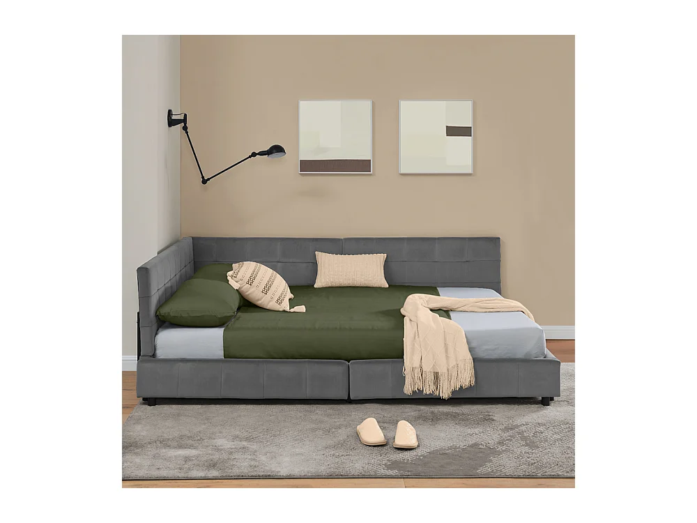 Tweepersoonsbed 160x200 cm, L-model met hoog hoofdeinde, zacht fluweel, eucalyptus en metalen frame, donkergrijs (160x200x70 cm)