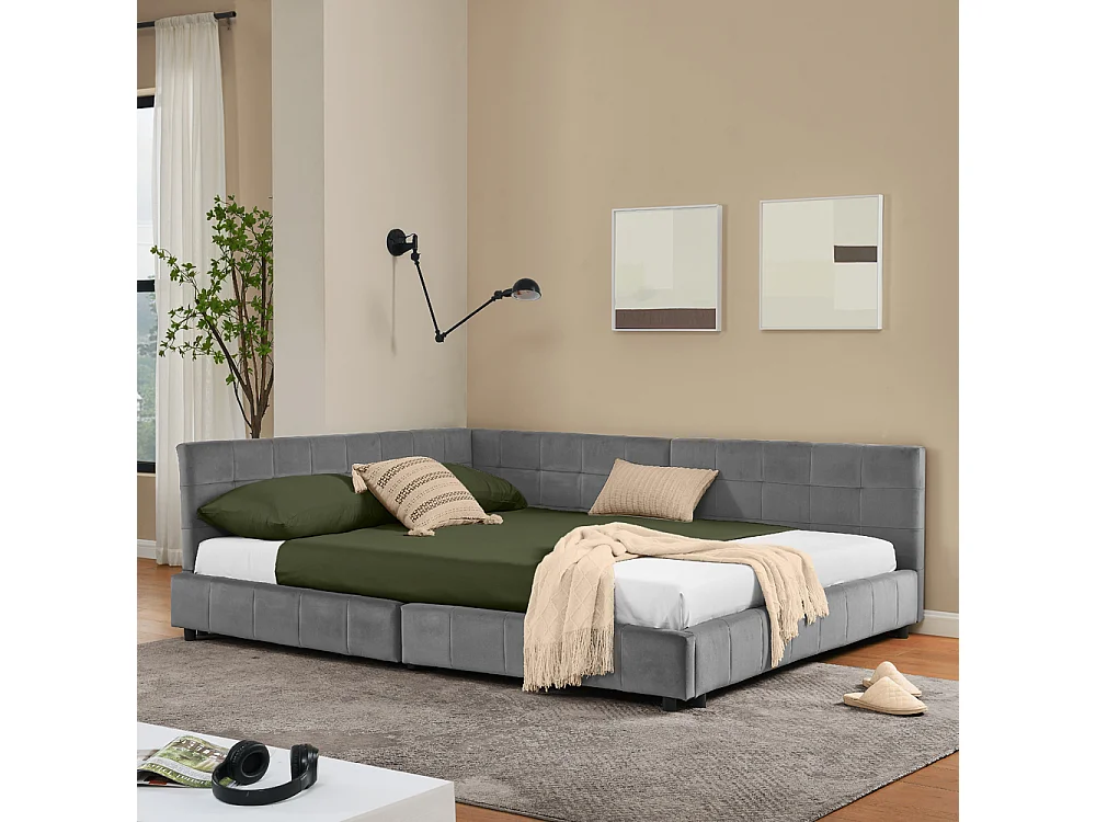 Cama doble 160x200 cm, diseño en L con cabecero alto, terciopelo suave, eucalipto y estructura de metal, gris oscuro (160x200x70 cm)