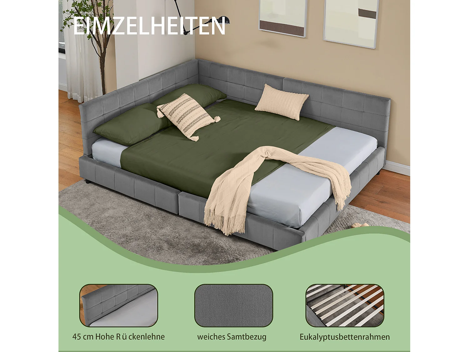 Cama doble 160x200 cm, diseño en L con cabecero alto, terciopelo suave, eucalipto y estructura de metal, gris oscuro (160x200x70 cm)