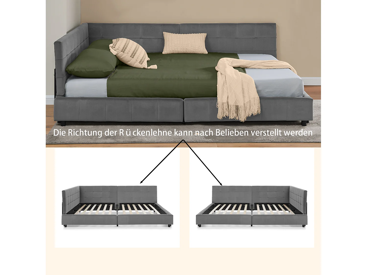 Cama doble 160x200 cm, diseño en L con cabecero alto, terciopelo suave, eucalipto y estructura de metal, gris oscuro (160x200x70 cm)