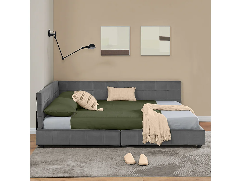 Cama doble 160x200 cm, diseño en L con cabecero alto, terciopelo suave, eucalipto y estructura de metal, gris oscuro (160x200x70 cm)