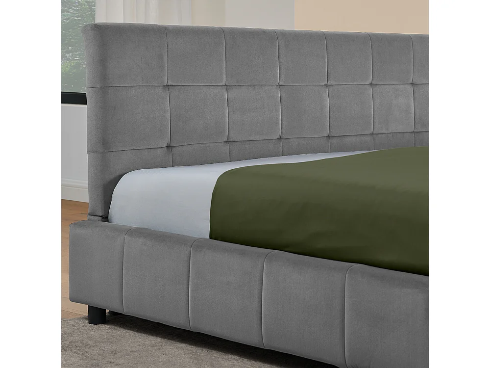 Cama doble 160x200 cm, diseño en L con cabecero alto, terciopelo suave, eucalipto y estructura de metal, gris oscuro (160x200x70 cm)