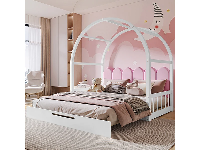 Uitschuifbaar bed met gewelfd dak, bed voor kinderen en volwassenen, frame van grenen en stof, wit en roze (204,5x152x170 cm)
