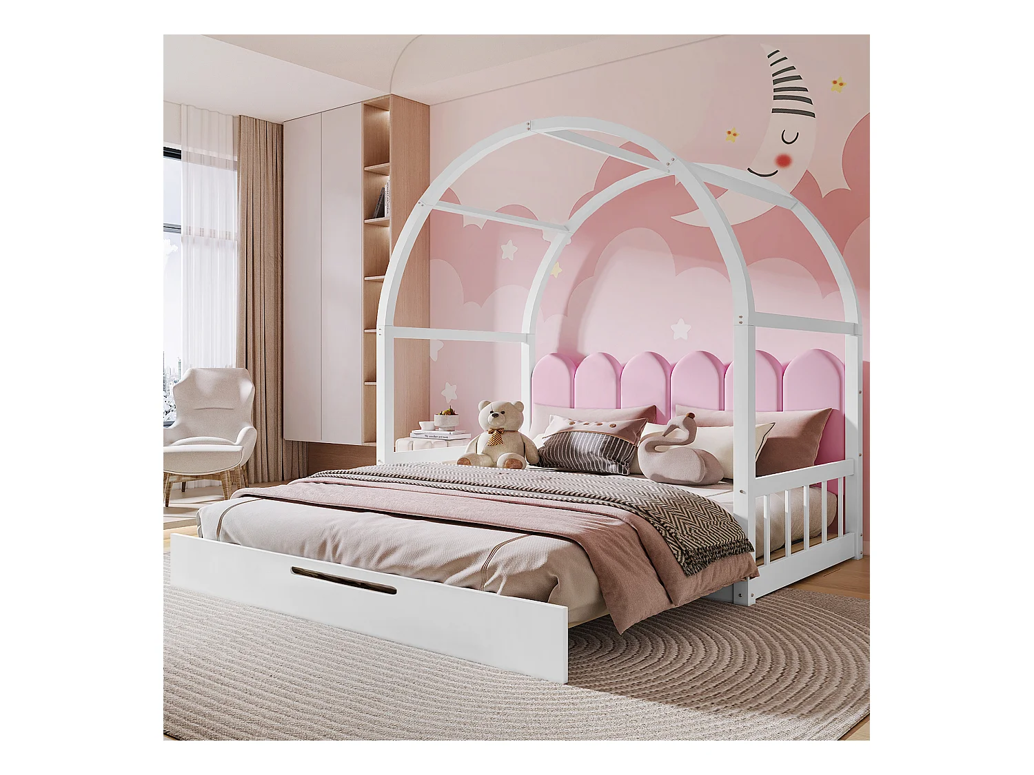 Uitschuifbaar bed met gewelfd dak, bed voor kinderen en volwassenen, frame van grenen en stof, wit en roze (204,5x152x170 cm)