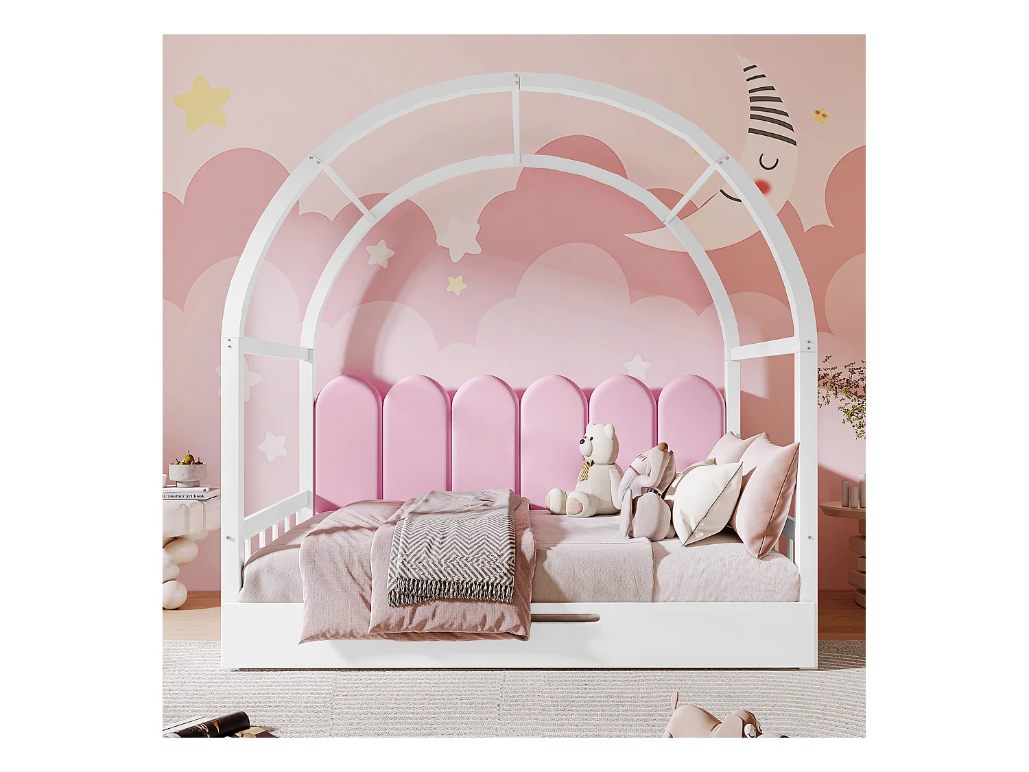 Uitschuifbaar bed met gewelfd dak, bed voor kinderen en volwassenen, frame van grenen en stof, wit en roze (204,5x152x170 cm)