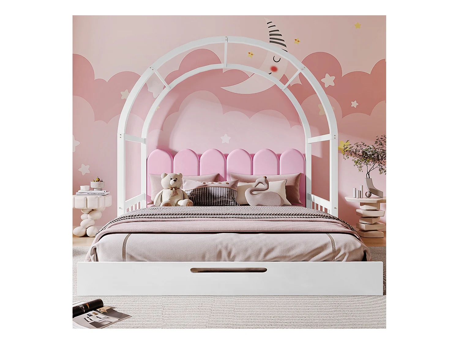 Uitschuifbaar bed met gewelfd dak, bed voor kinderen en volwassenen, frame van grenen en stof, wit en roze (204,5x152x170 cm)