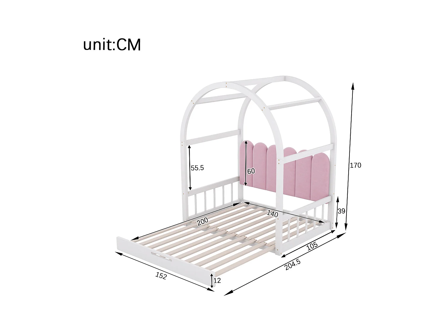 Uitschuifbaar bed met gewelfd dak, bed voor kinderen en volwassenen, frame van grenen en stof, wit en roze (204,5x152x170 cm)