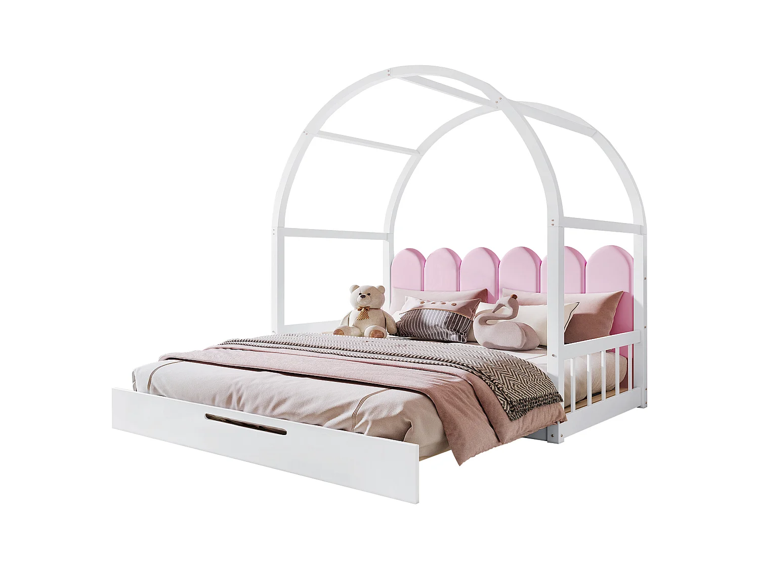 Uitschuifbaar bed met gewelfd dak, bed voor kinderen en volwassenen, frame van grenen en stof, wit en roze (204,5x152x170 cm)