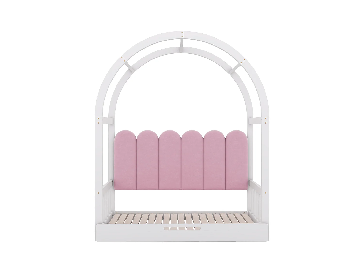 Uitschuifbaar bed met gewelfd dak, bed voor kinderen en volwassenen, frame van grenen en stof, wit en roze (204,5x152x170 cm)