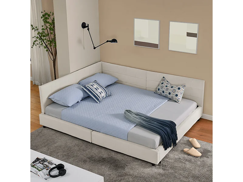 Tweepersoonsbed 160x200 cm, L-model met hoog hoofdeinde, zacht fluweel, eucalyptus en metalen frame, beige (160x200x70 cm)