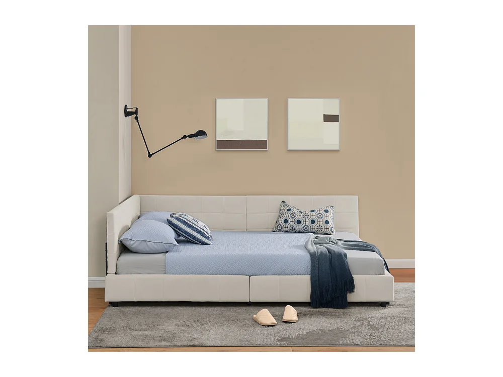 Tweepersoonsbed 160x200 cm, L-model met hoog hoofdeinde, zacht fluweel, eucalyptus en metalen frame, beige (160x200x70 cm)