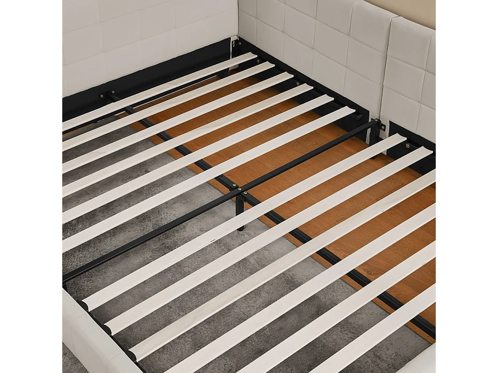 Tweepersoonsbed 160x200 cm, L-model met hoog hoofdeinde, zacht fluweel, eucalyptus en metalen frame, beige (160x200x70 cm)