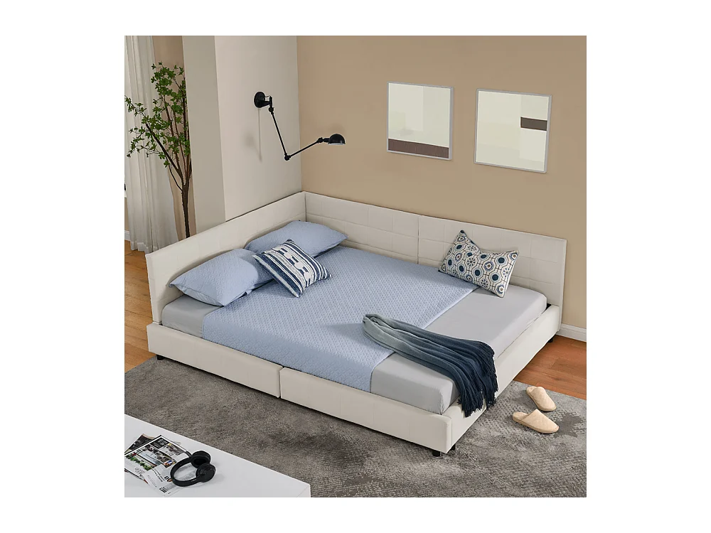 Lit double 160x200 cm, design L avec tête de lit haute, velours doux, cadre en eucalyptus et métal, beige (160x200x70 cm)