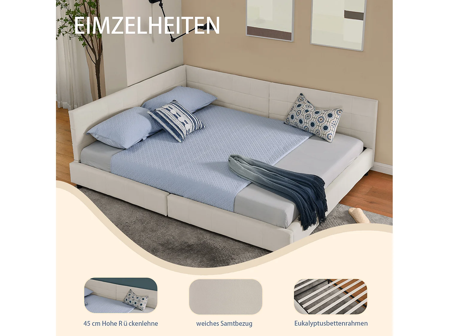 Lit double 160x200 cm, design L avec tête de lit haute, velours doux, cadre en eucalyptus et métal, beige (160x200x70 cm)