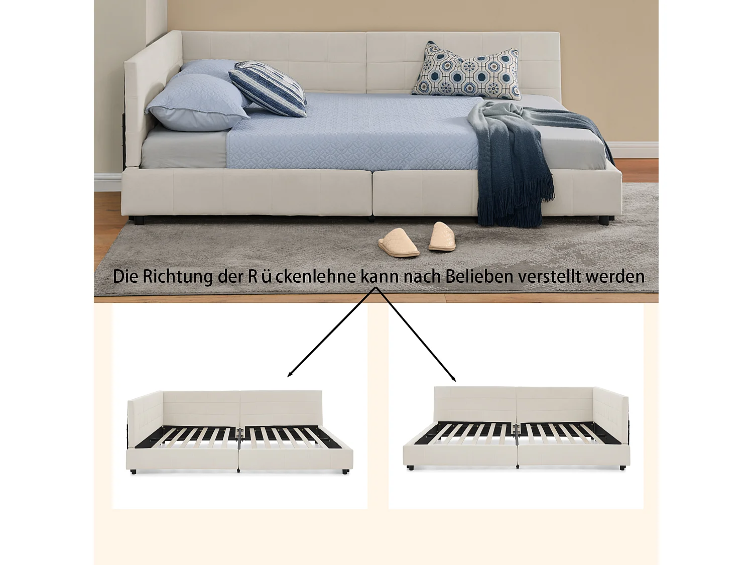 Lit double 160x200 cm, design L avec tête de lit haute, velours doux, cadre en eucalyptus et métal, beige (160x200x70 cm)