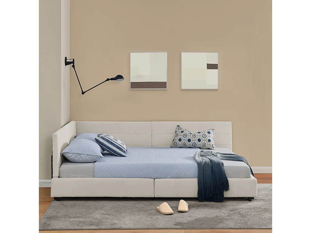 Lit double 160x200 cm, design L avec tête de lit haute, velours doux, cadre en eucalyptus et métal, beige (160x200x70 cm)