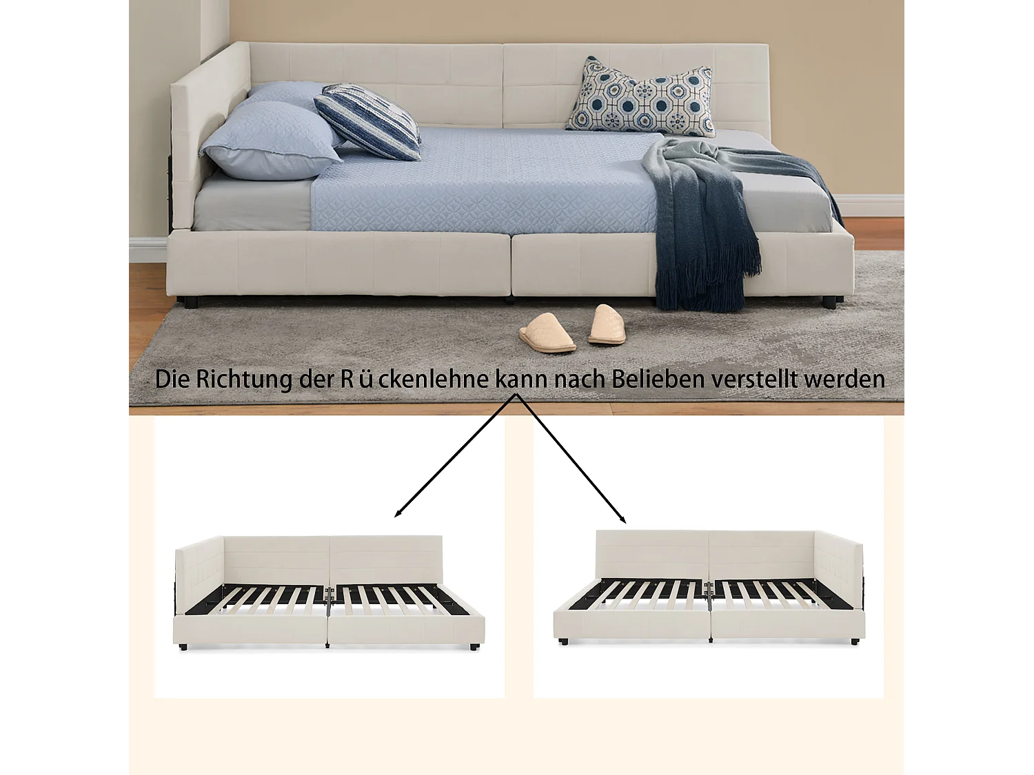 Lit double 160x200 cm, design L avec tête de lit haute, velours doux, cadre en eucalyptus et métal, beige (160x200x70 cm)