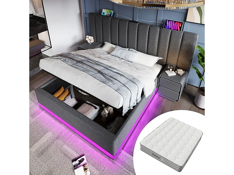 Lit 180x200 cm avec rangement, LED et USB-C, cadre en lin gris, avec matelas (180x200 cm)