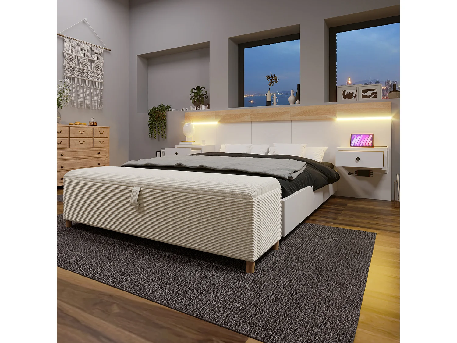 Ensemble lit double 140x200 cm avec 2 tables de chevet LED, USB-C, et banc de rangement avec hydraulique (244x243x90.5 cm)