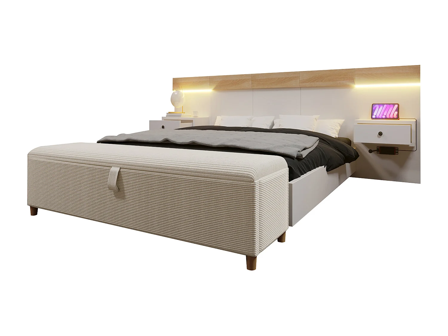 Ensemble lit double 140x200 cm avec 2 tables de chevet LED, USB-C, et banc de rangement avec hydraulique (244x243x90.5 cm)