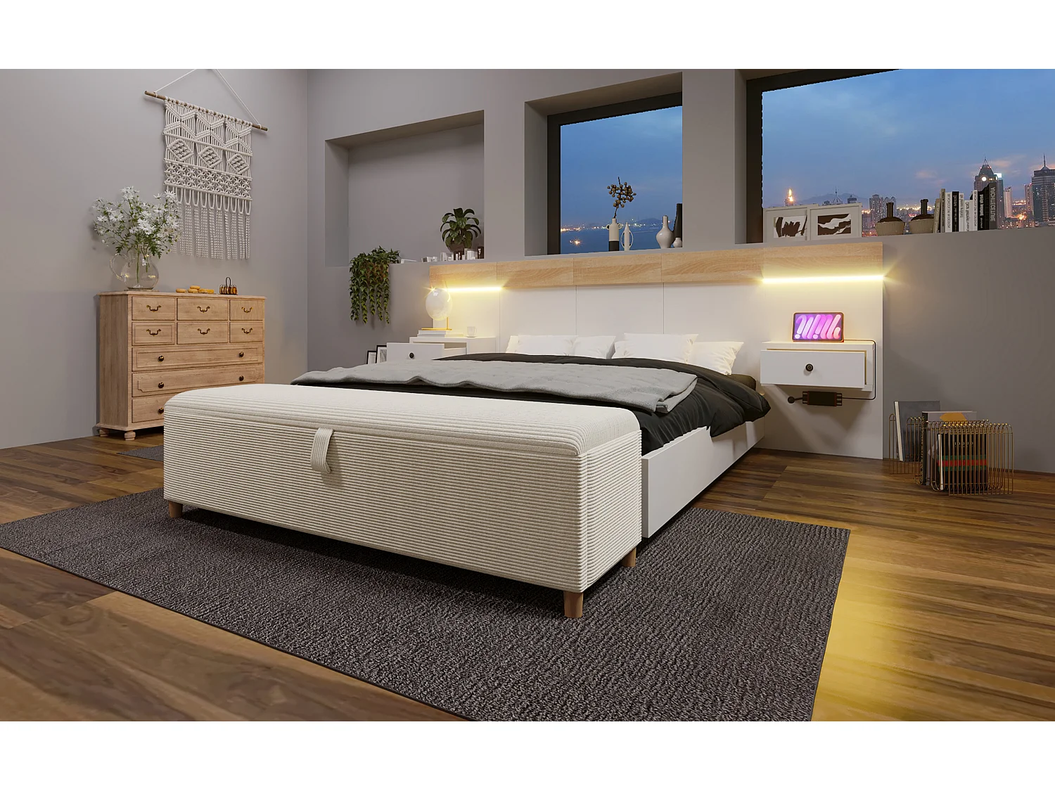 Ensemble lit double 140x200 cm avec 2 tables de chevet LED, USB-C, et banc de rangement avec hydraulique (244x243x90.5 cm)