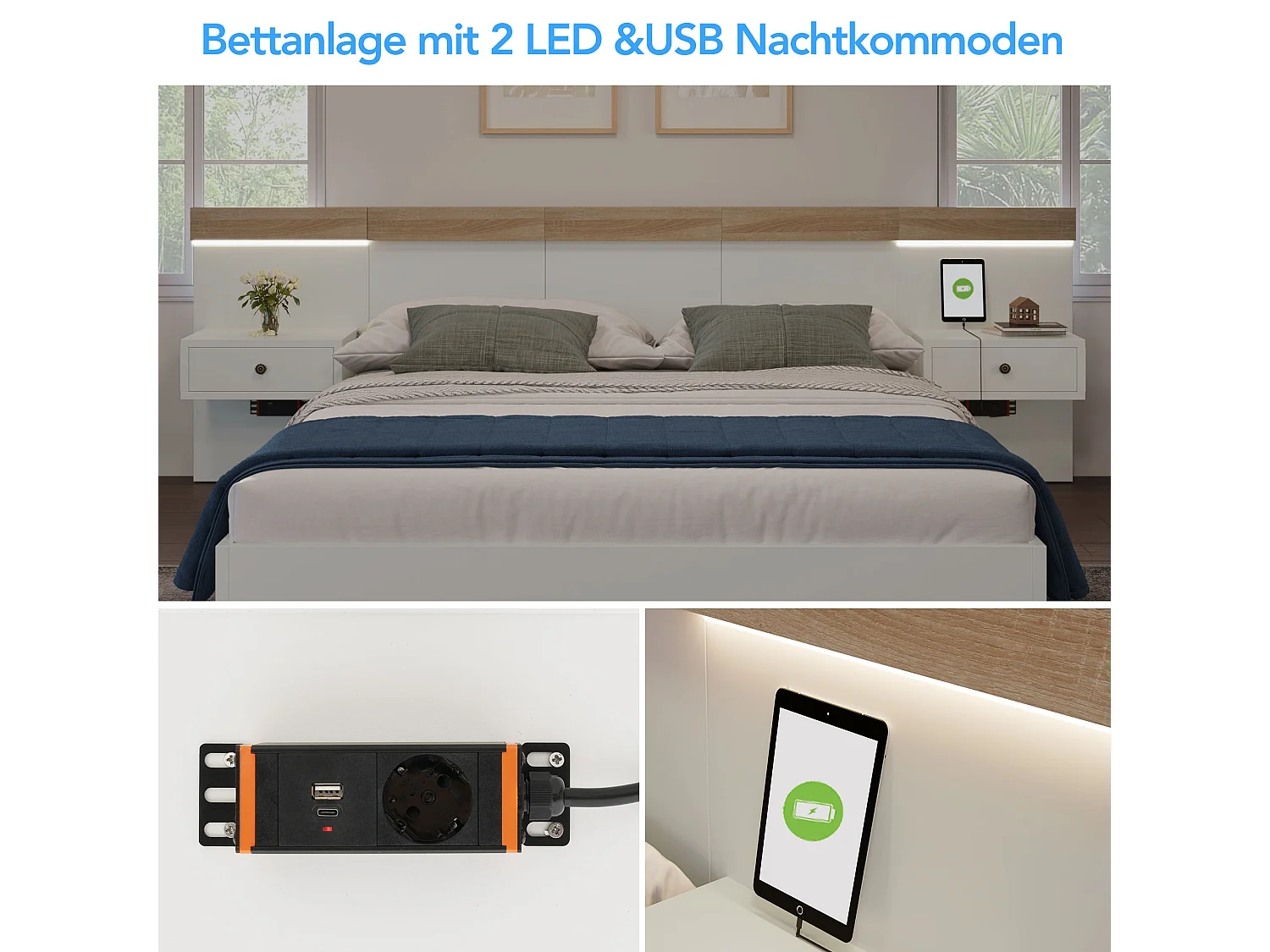 Ensemble lit double 140x200 cm avec 2 tables de chevet LED, USB-C, et banc de rangement avec hydraulique (244x243x90.5 cm)