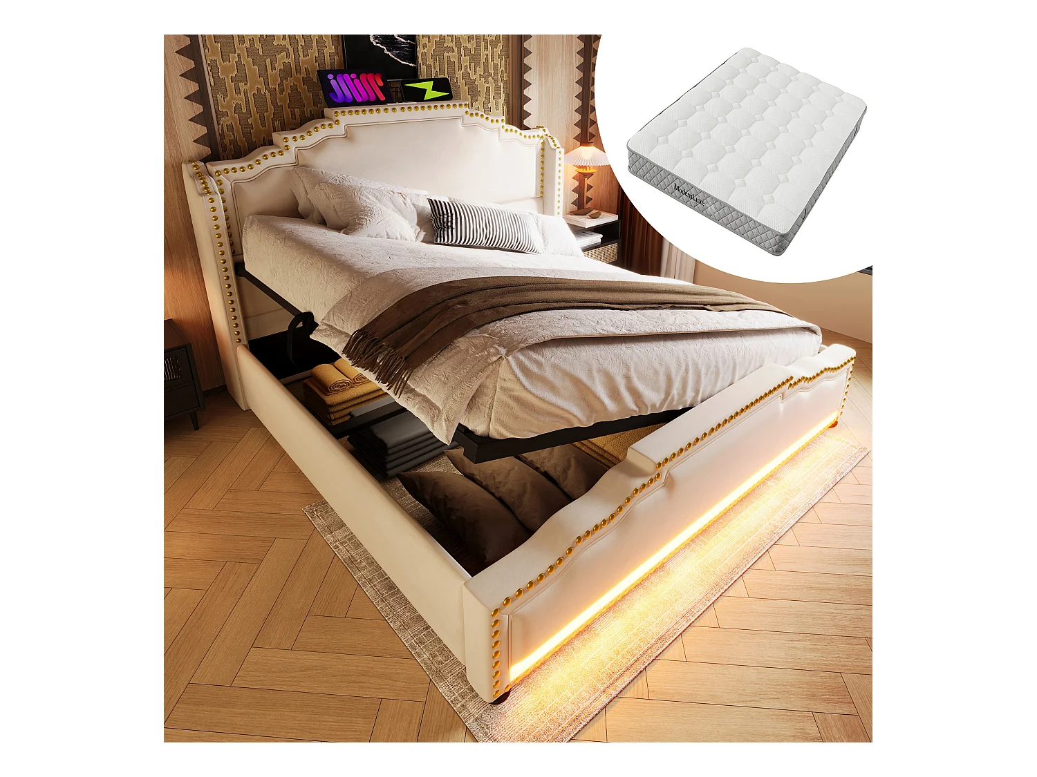 Lit double avec rangement hydraulique, éclairage LED et port USB-C, en lin beige, (180x200 cm)