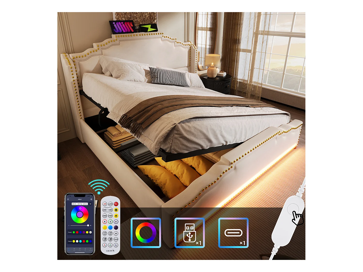 Lit double avec rangement hydraulique, éclairage LED et port USB-C, en lin beige, (180x200 cm)