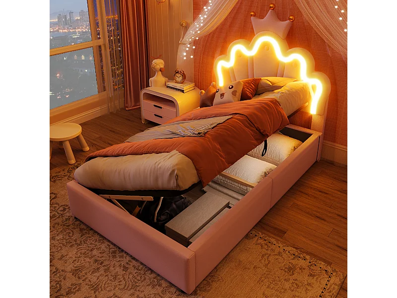 Letto imbottito, 90 x 200 cm, con striscia LED, meccanismo idraulico, testiera regolabile, design a corona, PU, rosa (204,5x91,5x133 cm)