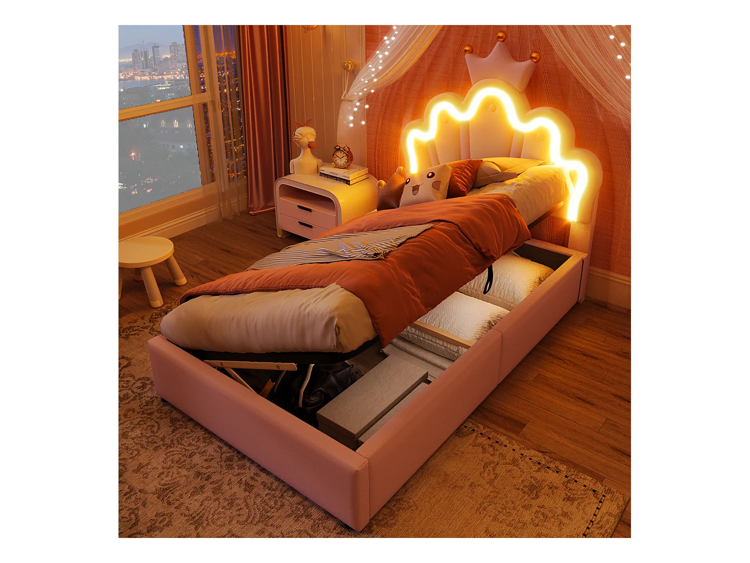 Letto imbottito, 90 x 200 cm, con striscia LED, meccanismo idraulico, testiera regolabile, design a corona, PU, rosa (204,5x91,5x133 cm)