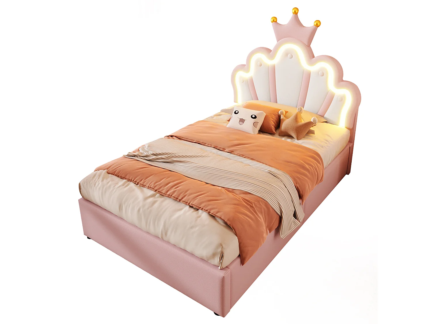 Letto imbottito, 90 x 200 cm, con striscia LED, meccanismo idraulico, testiera regolabile, design a corona, PU, rosa (204,5x91,5x133 cm)