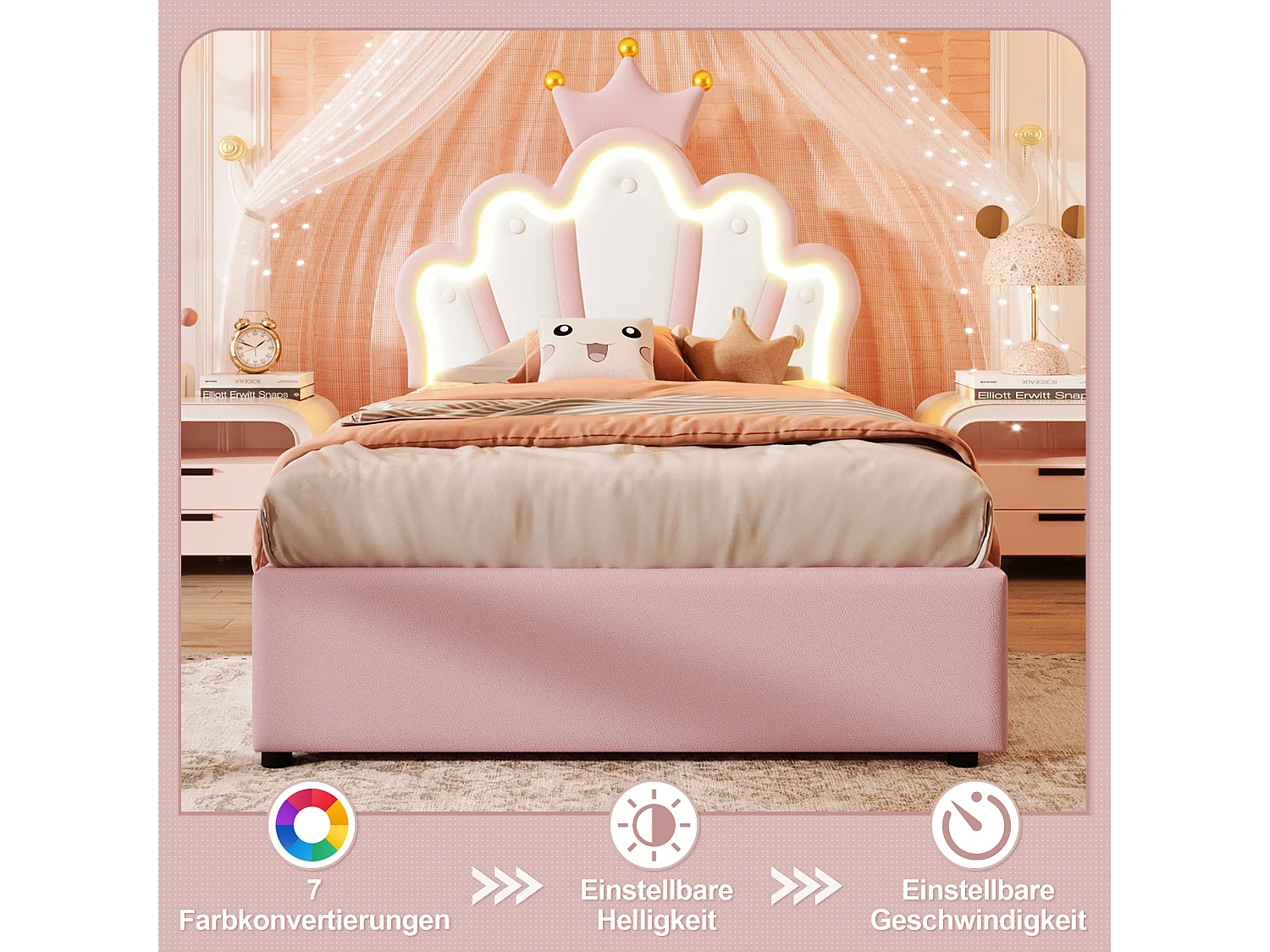 Lit Polster, 90 x 200 cm, avec bande LED, mécanisme hydraulique, tête de lit réglable, design couronne, PU, Rose (204.5x91.5x133 cm)