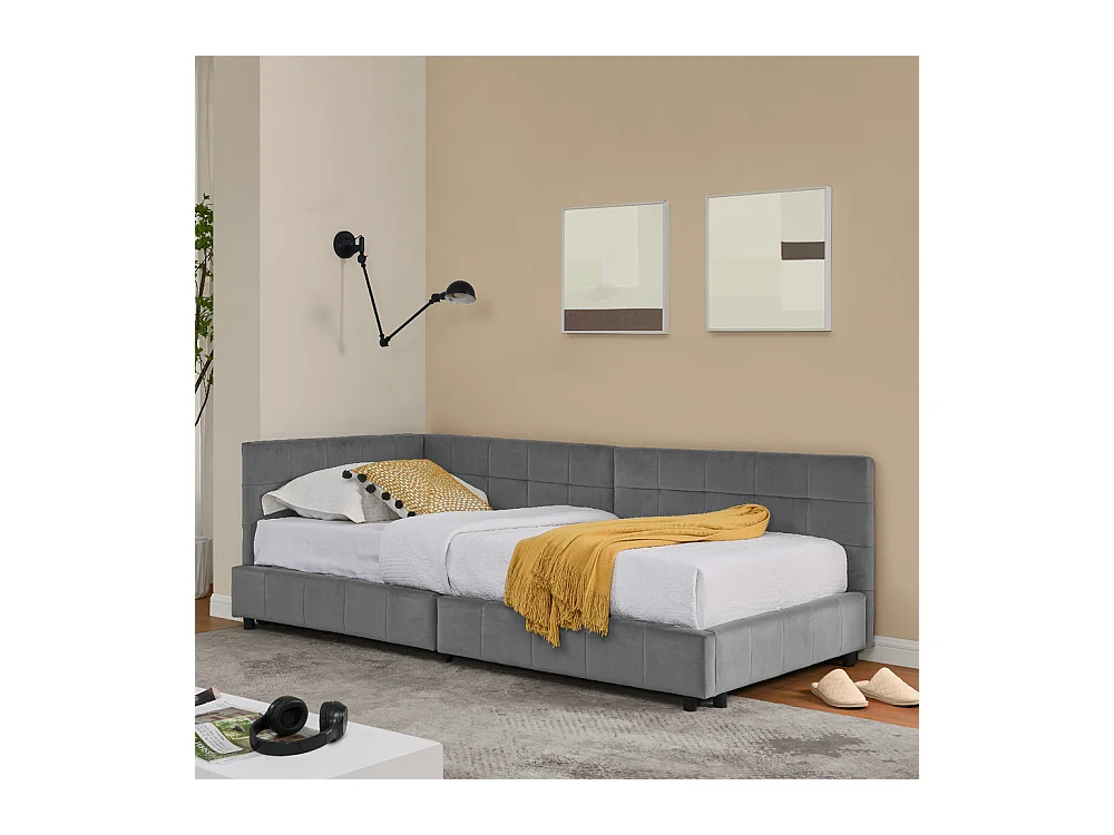 Eenpersoonsbed 90x200 cm, zacht fluwelen design, hoog hoofdeinde, eucalyptus frame, donkergrijs (90x200x70 cm)