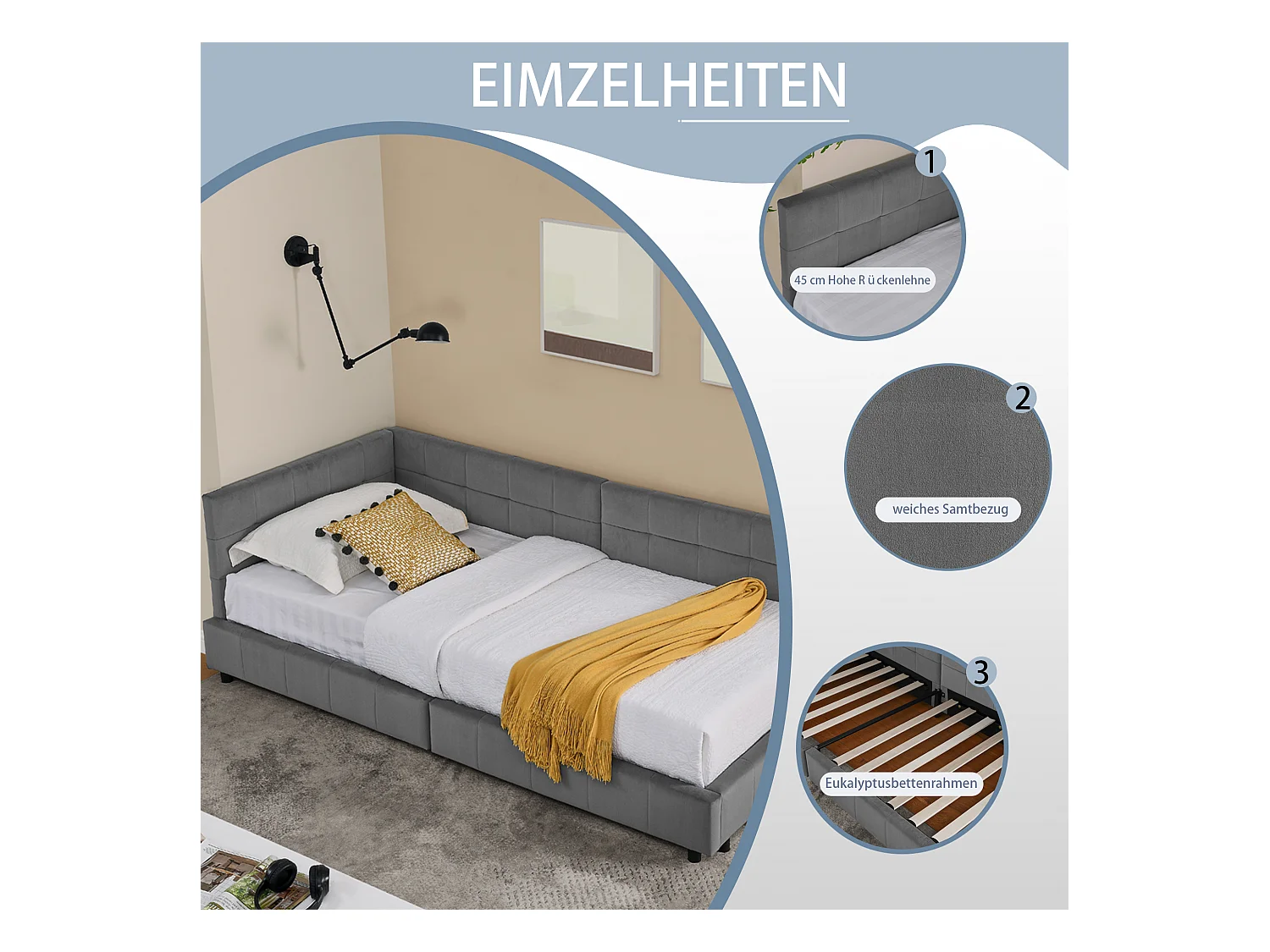 Eenpersoonsbed 90x200 cm, zacht fluwelen design, hoog hoofdeinde, eucalyptus frame, donkergrijs (90x200x70 cm)
