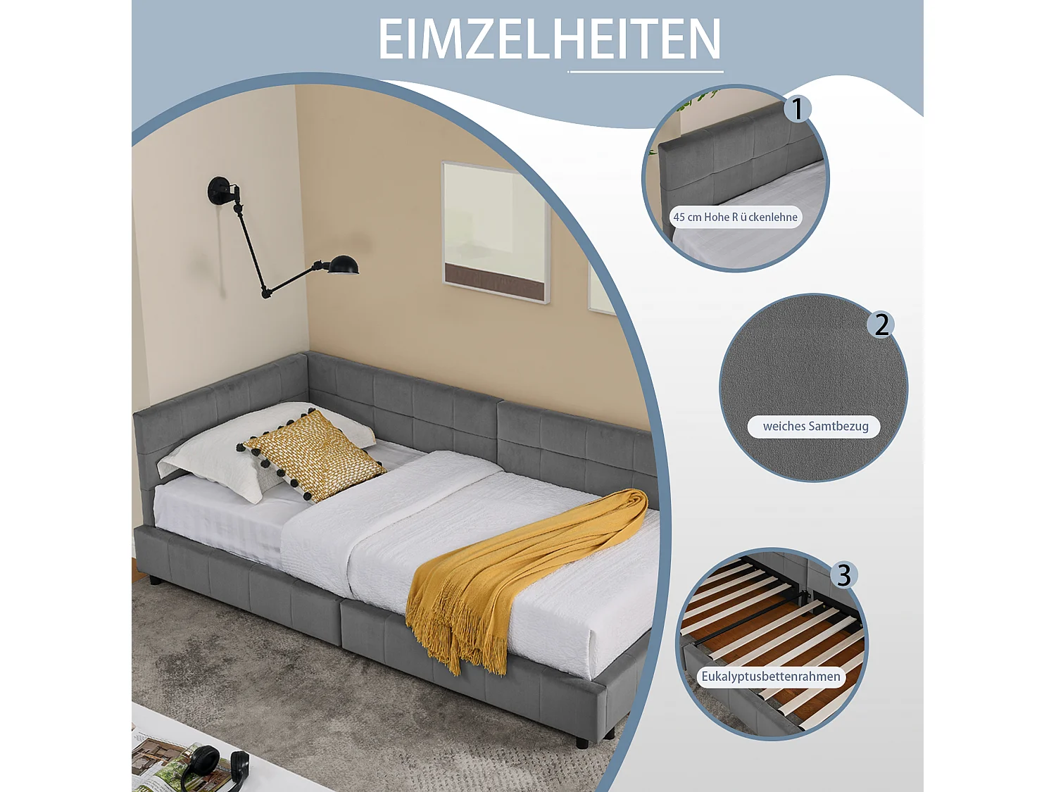 Eenpersoonsbed 90x200 cm, zacht fluwelen design, hoog hoofdeinde, eucalyptus frame, donkergrijs (90x200x70 cm)