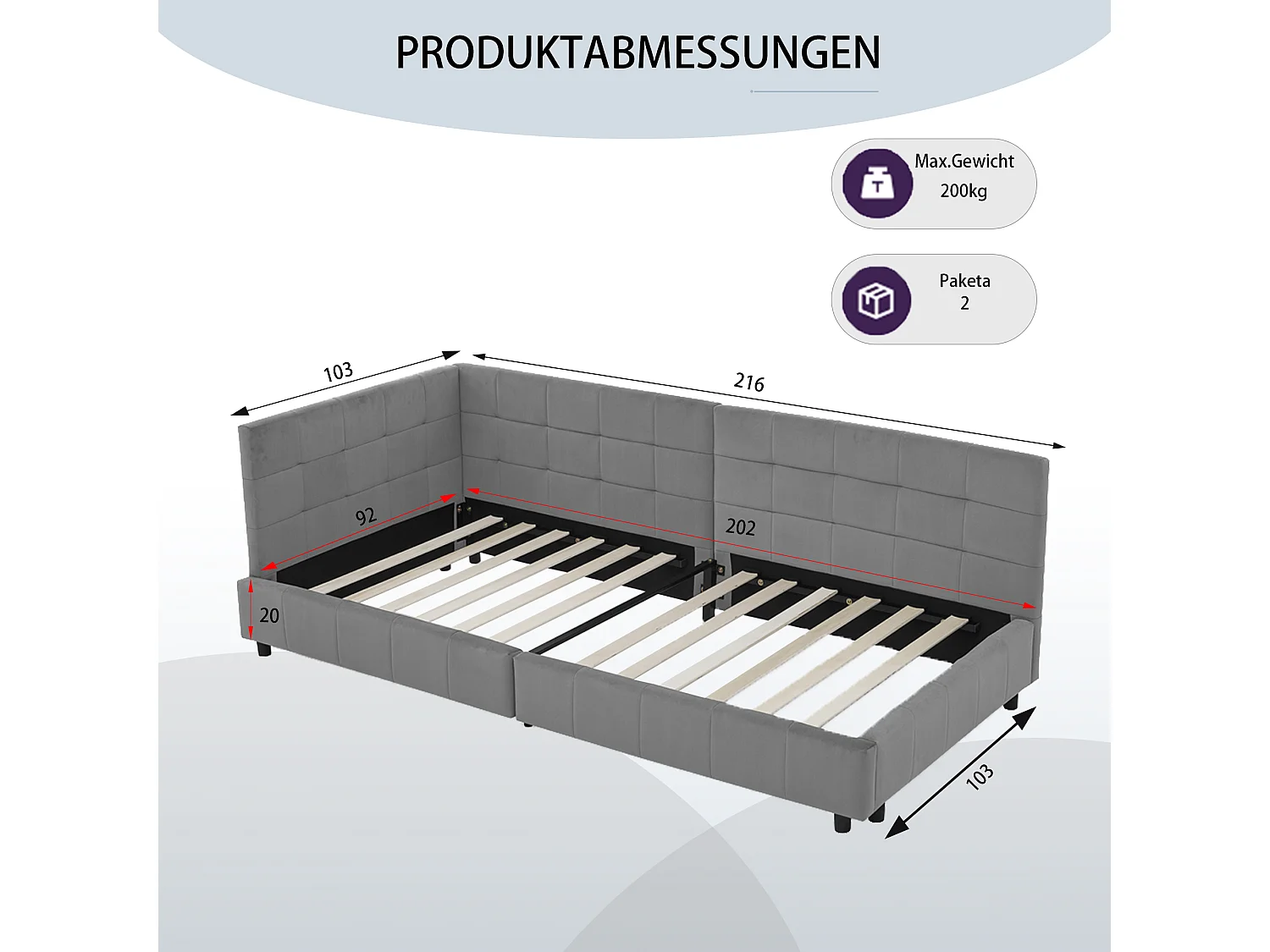 Eenpersoonsbed 90x200 cm, zacht fluwelen design, hoog hoofdeinde, eucalyptus frame, donkergrijs (90x200x70 cm)
