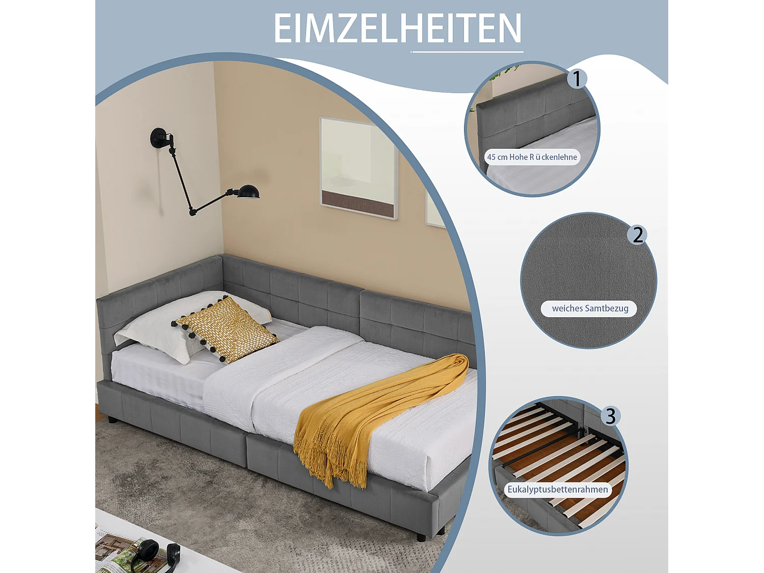 Eenpersoonsbed 90x200 cm, zacht fluwelen design, hoog hoofdeinde, eucalyptus frame, donkergrijs (90x200x70 cm)