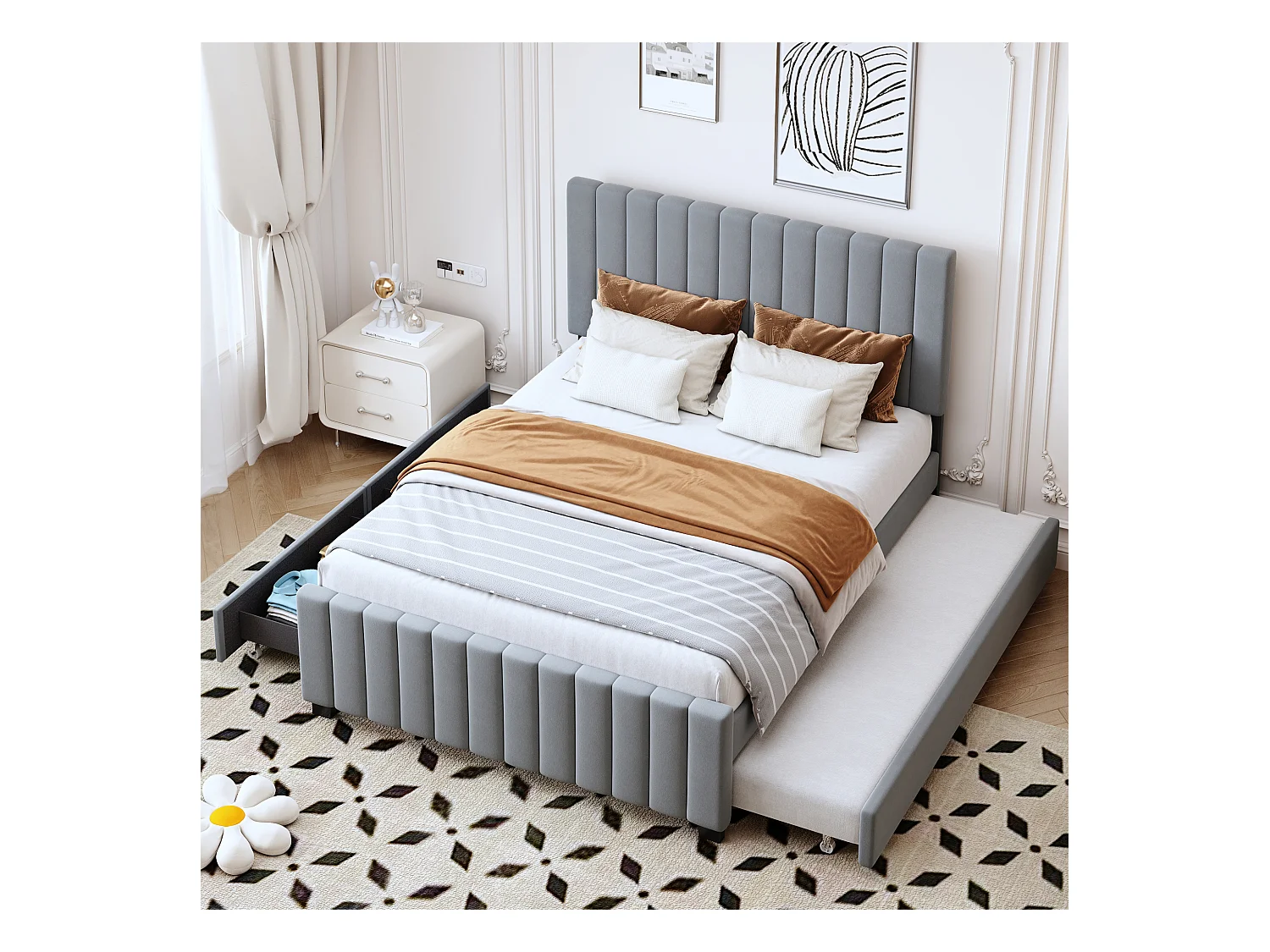 Lit rembourré 140 x 190 cm avec lit escamotable, 2 tiroirs de rangement, tissu en velours doux, lit pour enfants (sans matelas) (201.5x149.5x116.5 cm)